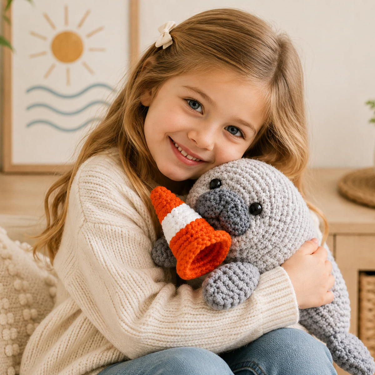 Young child hugging the large crochet seal plush to show its size against a person
