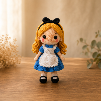 Handmade crochet Alice doll in a blue dress with white apron and blonde hair, amigurumi plush toy