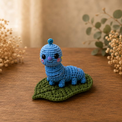 Handmade crochet blue Caterpillar amigurumi sitting on a green crochet leaf on a wooden table