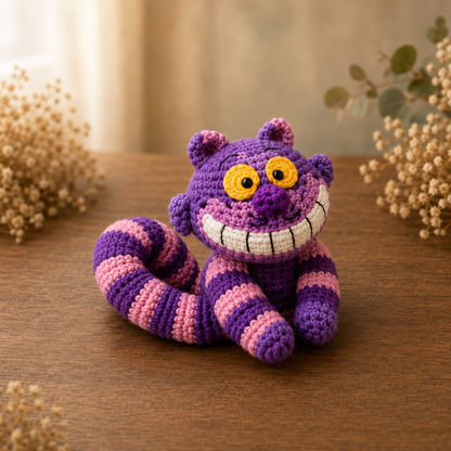 Handmade crochet Cheshire Cat amigurumi with purple and pink stripes and a wide toothy grin