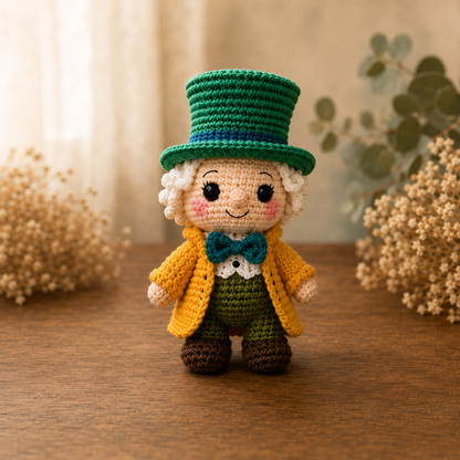 Handmade crochet Mad Hatter amigurumi wearing a tall green top hat, storybook plush doll