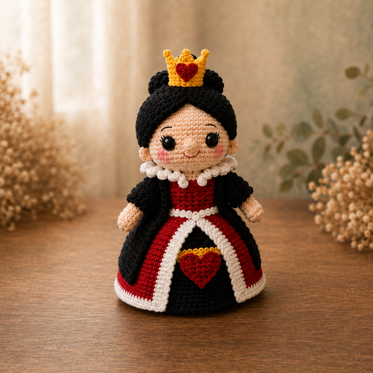 Handmade crochet Queen of Hearts amigurumi in a black and red gown with a gold crown