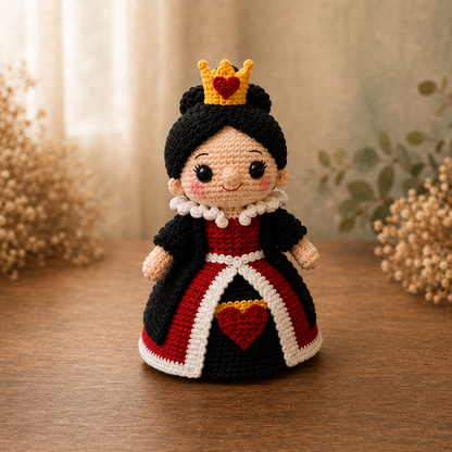 Handmade crochet Queen of Hearts amigurumi in a black and red gown with a gold crown