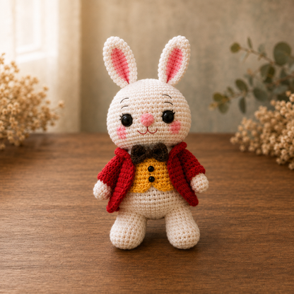 Handmade crochet White Rabbit amigurumi with long pink-lined ears and a red waistcoat