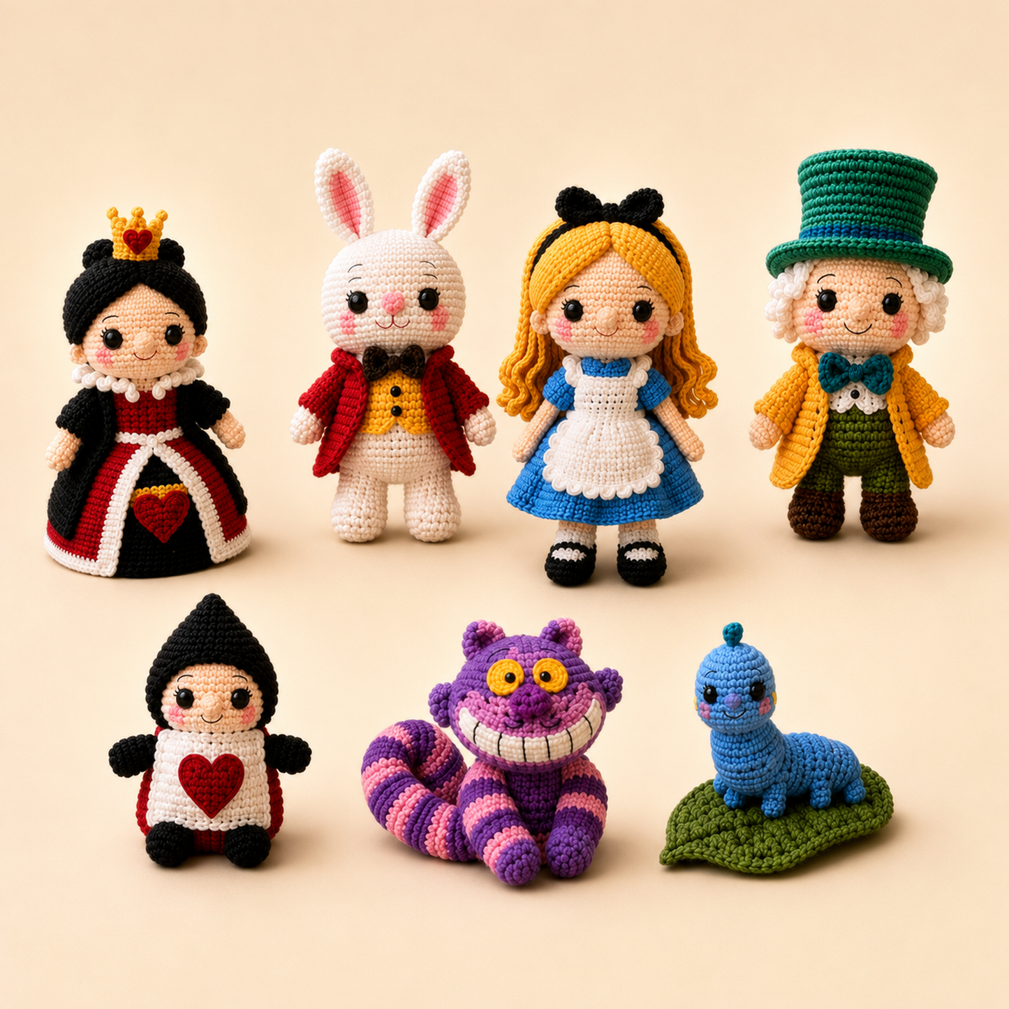 Catalog grid of Alice in Wonderland crochet characters including Alice, Cheshire Cat and Mad Hatter