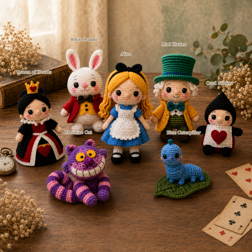 Set of seven handmade crochet Alice in Wonderland amigurumi dolls displayed together with name labels