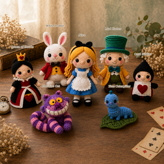 Set of seven handmade crochet Alice in Wonderland amigurumi dolls displayed together with name labels