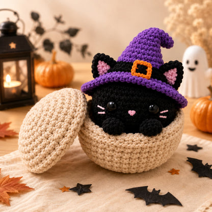 Handmade crochet black cat dumpling plush wearing a purple witch hat in a steamer basket