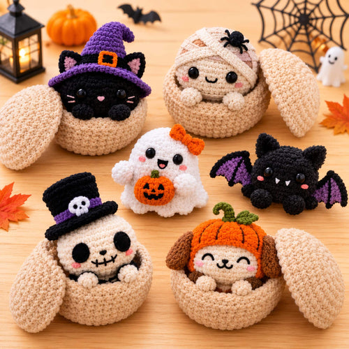 Six handmade crochet Halloween dumpling plushies displayed together with their steamer baskets