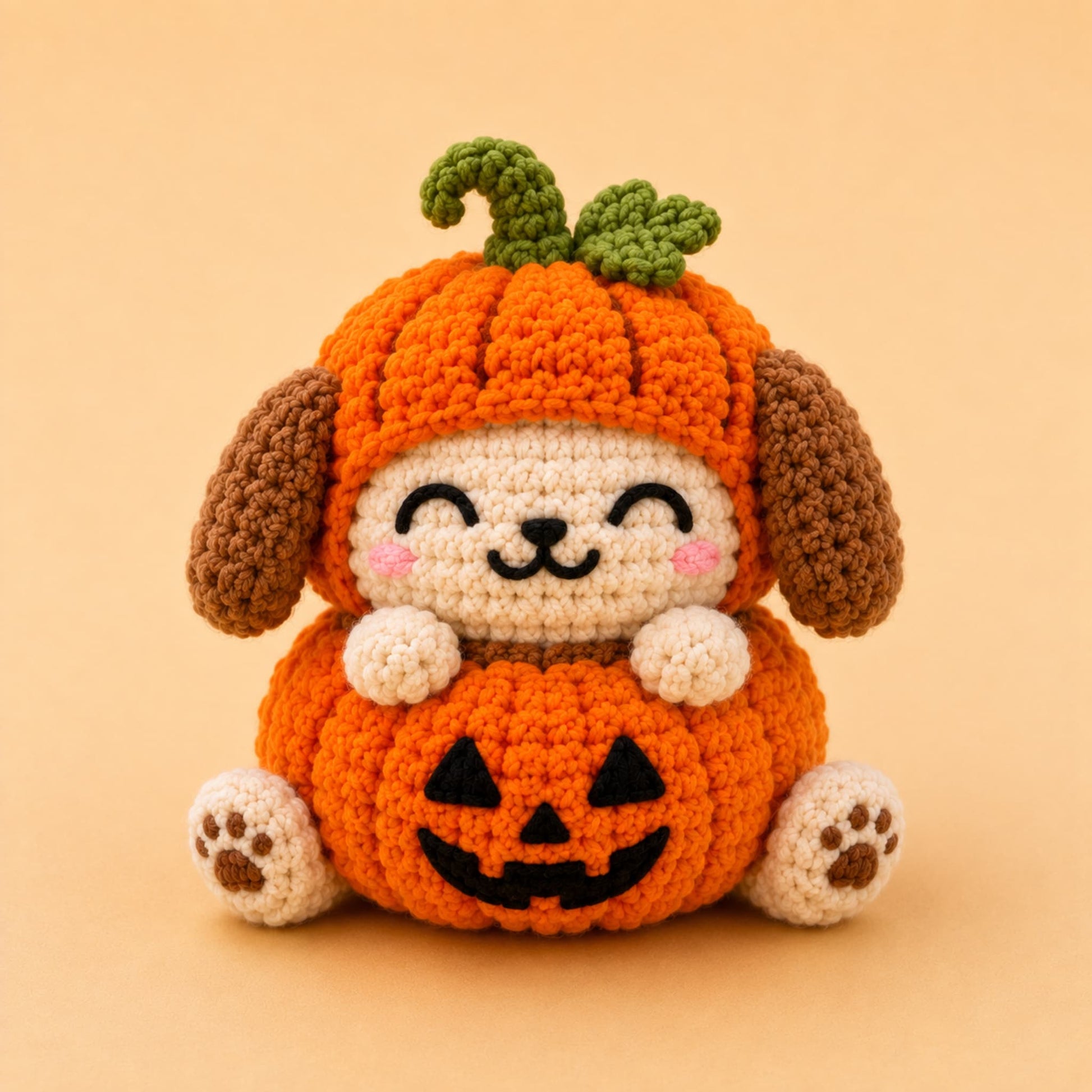 Handmade crochet puppy dumpling plush in an orange pumpkin hat with a jack-o-lantern belly