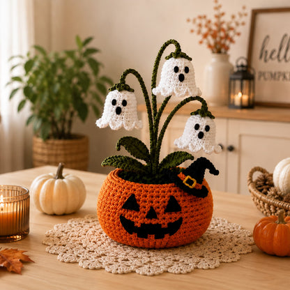 Crochet Halloween ghost flower pot styled on a wooden table with candles, pumpkins and autumn leaves