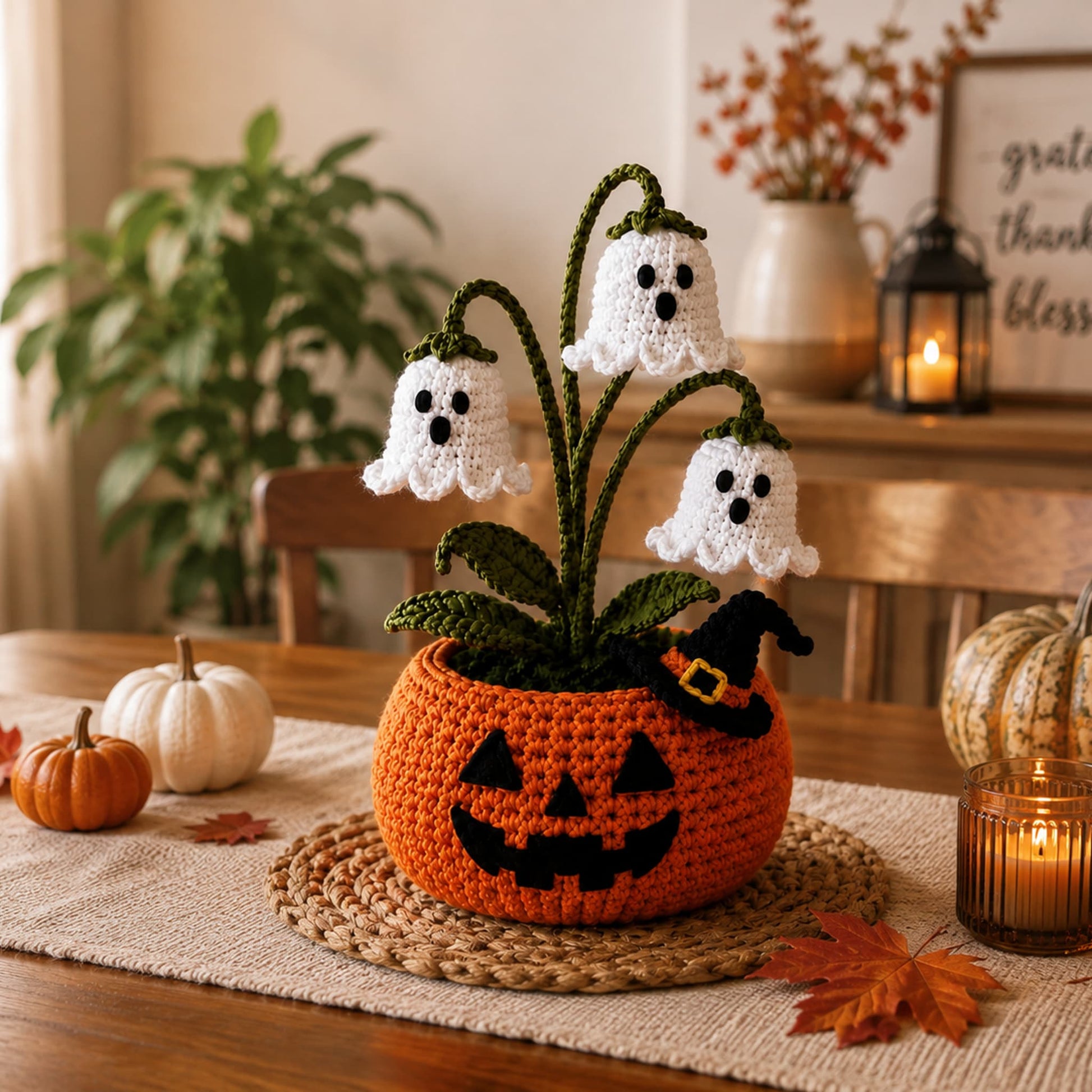Handmade crochet jack-o'-lantern flower pot with three white ghost bell blooms on a fall dining table