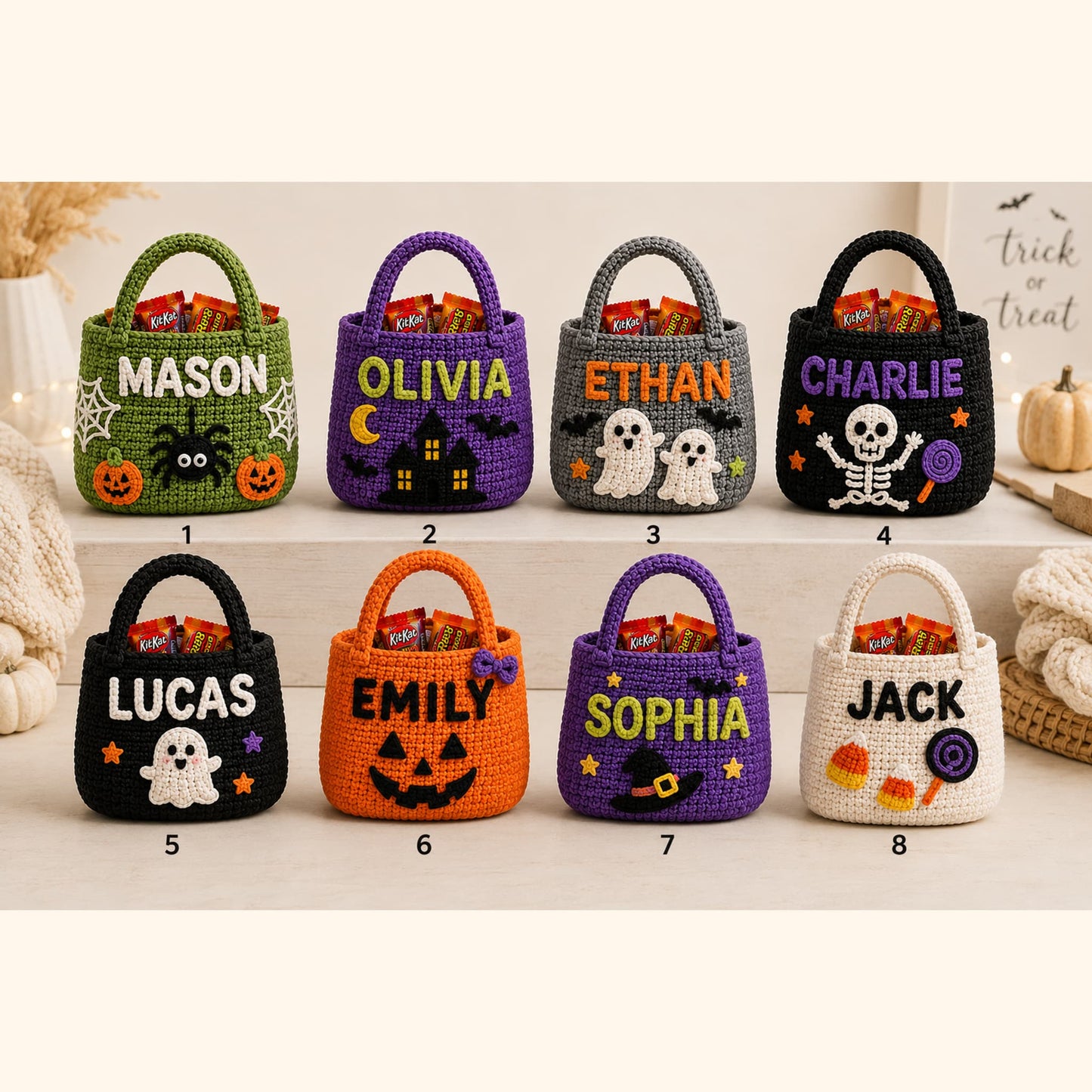 Numbered design chart showing all eight crochet trick or treat bag styles side by side