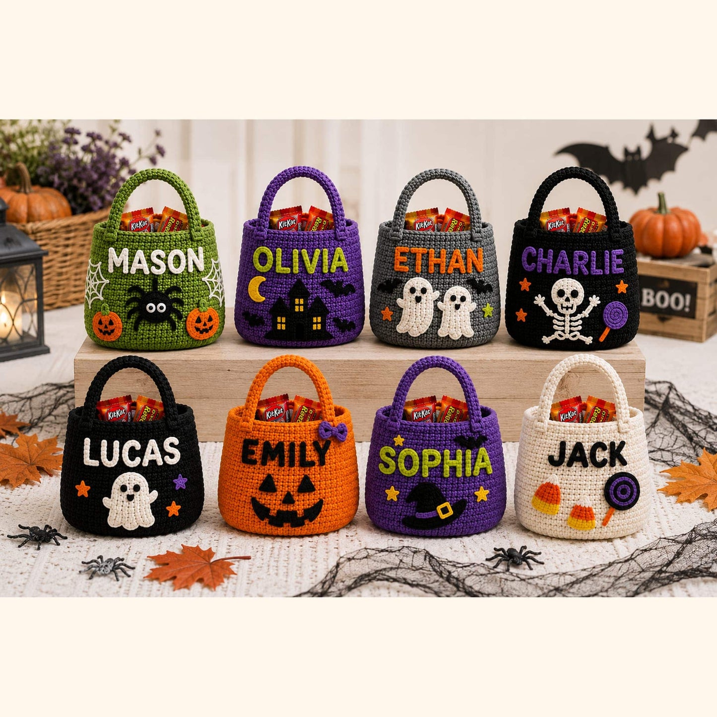 Eight personalized crochet Halloween trick or treat bags lined up with candy and pumpkins