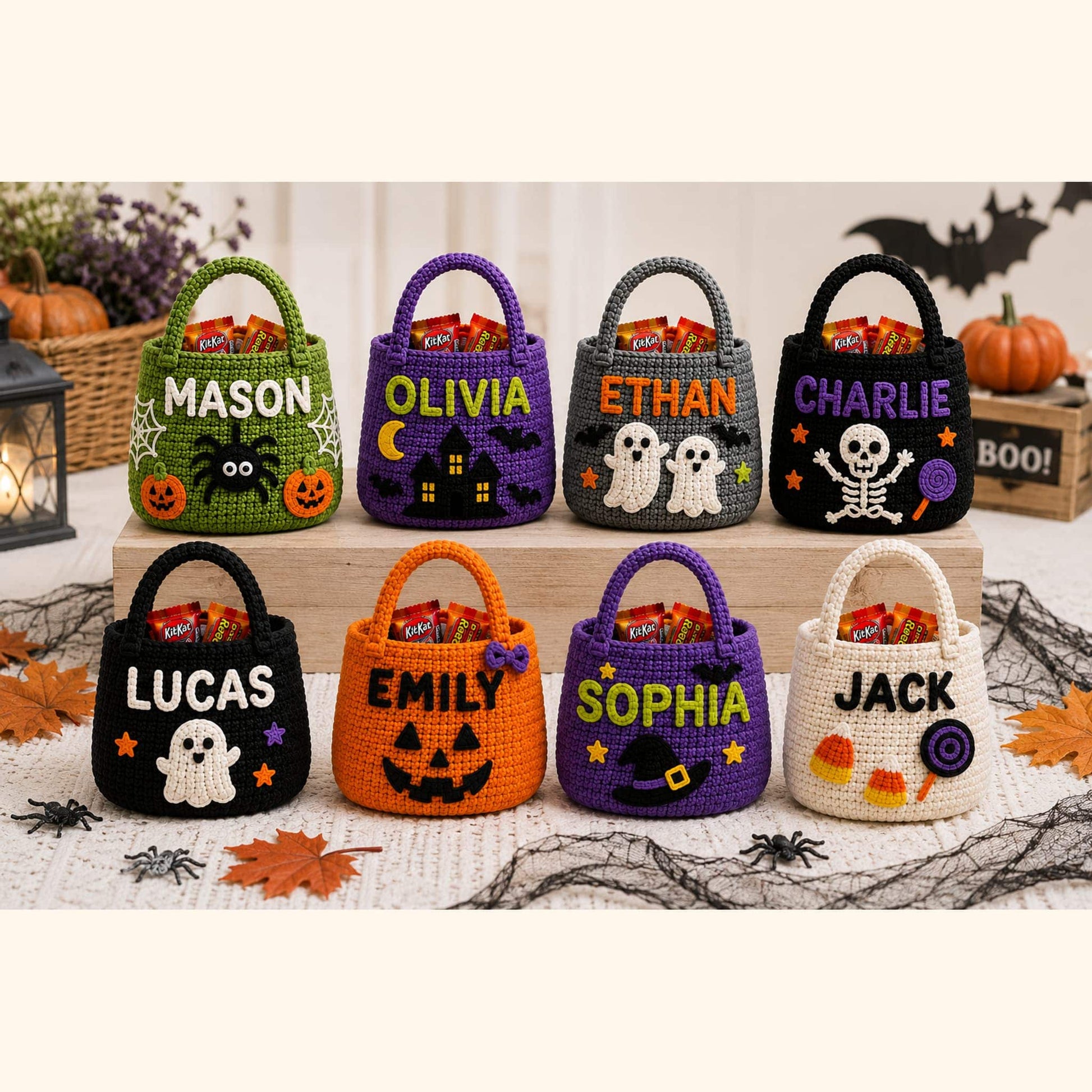 Eight personalized crochet Halloween trick or treat bags lined up with candy and pumpkins