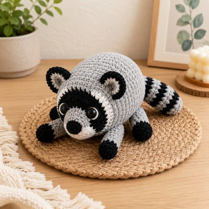 Handmade crochet raccoon plush with a black bandit mask and striped tail on a woven mat