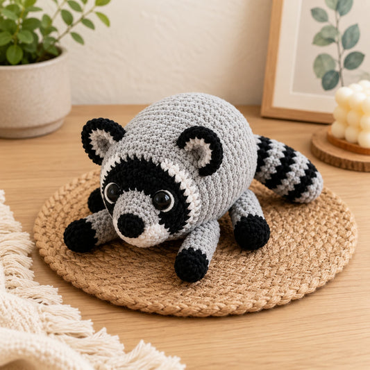 Handmade crochet raccoon plush with a black bandit mask and striped tail on a woven mat