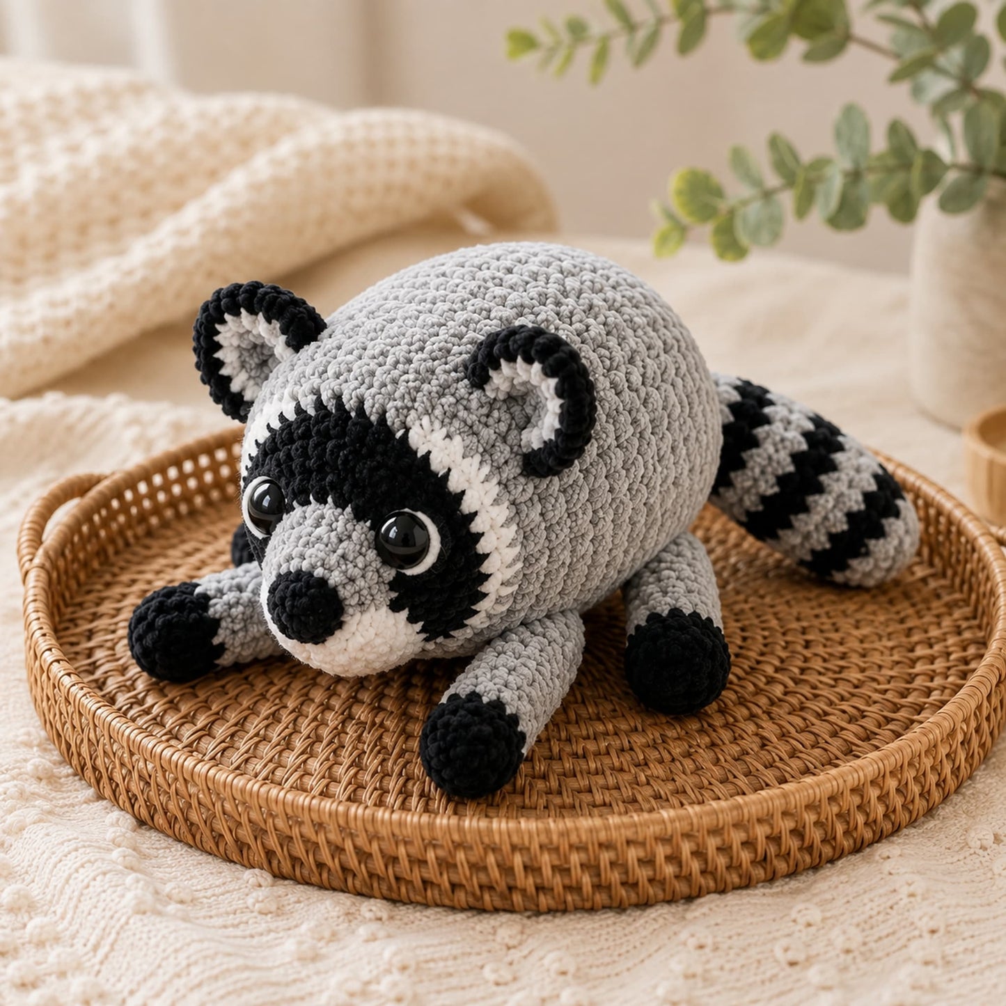 Crochet raccoon stuffed animal resting in a round rattan tray on a knitted cream blanket