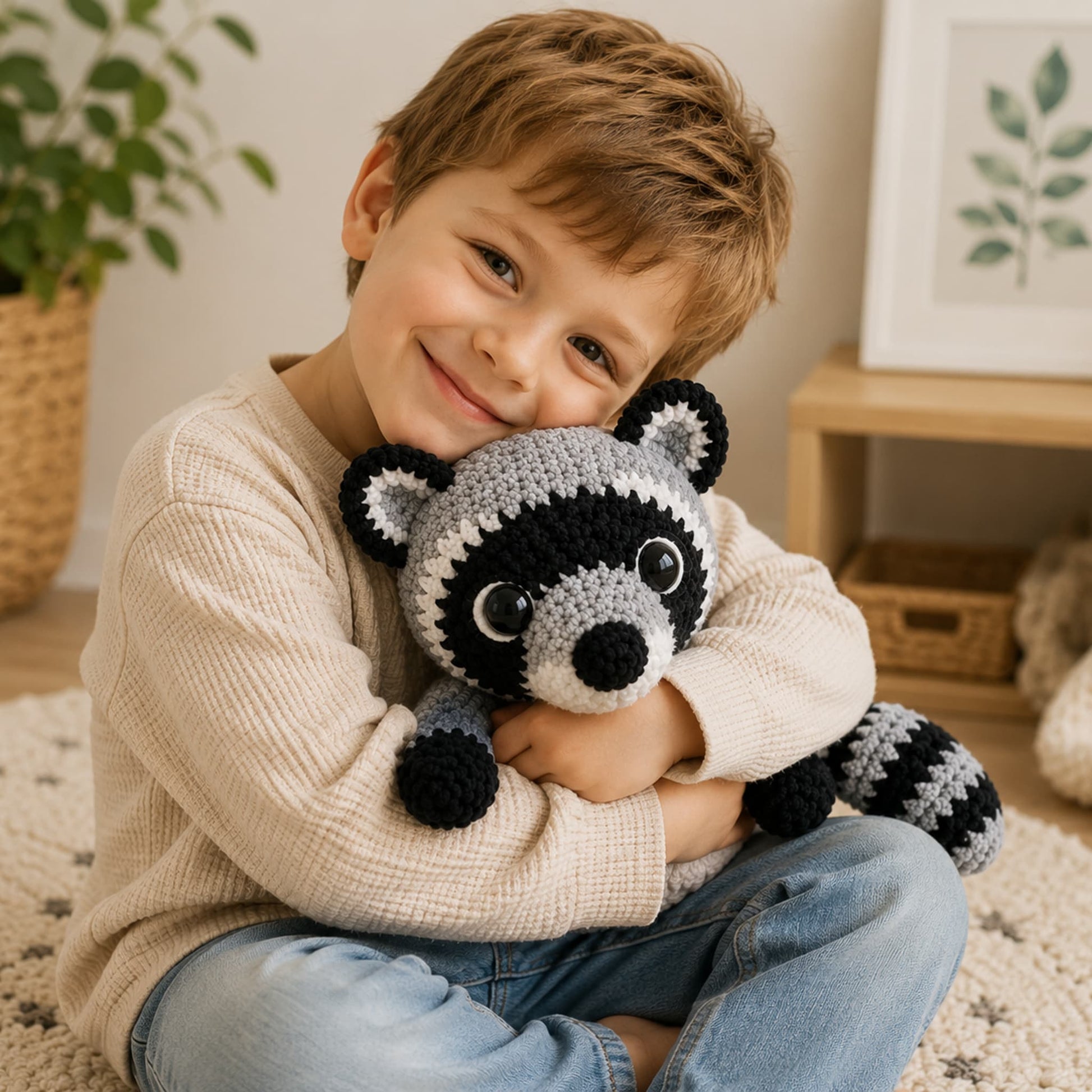 Young child hugging the large crochet raccoon plush to show its size against a person