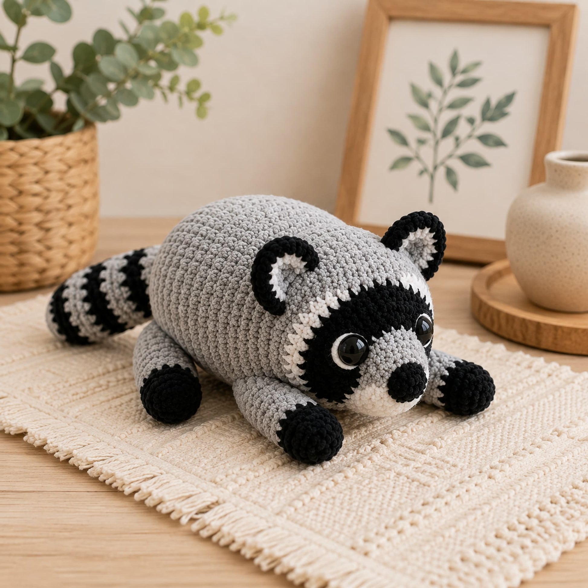 Grey crochet raccoon amigurumi sprawled on a fringed cotton rug beside a eucalyptus plant