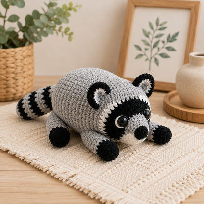 Grey crochet raccoon amigurumi sprawled on a fringed cotton rug beside a eucalyptus plant