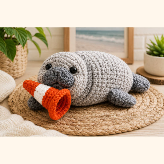 Handmade crochet grey seal plush holding an orange traffic cone on a woven jute mat