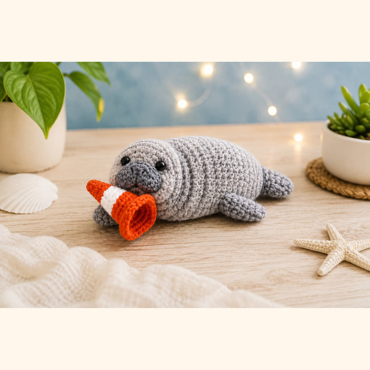 Crochet seal amigurumi with a striped orange and white traffic cone beside seashells