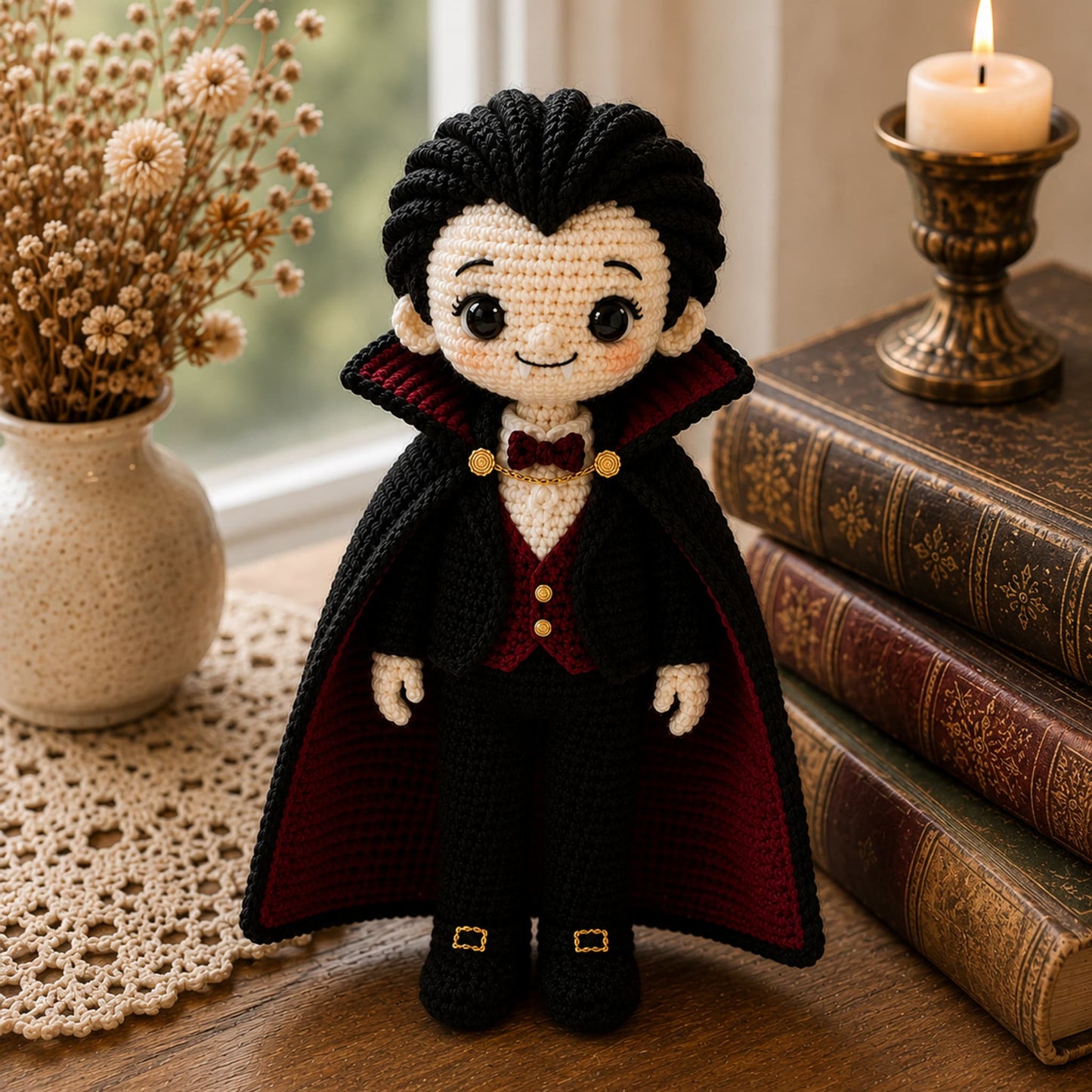 Handmade crochet Dracula doll in a black cape with red lining, bow tie and gold chain clasp