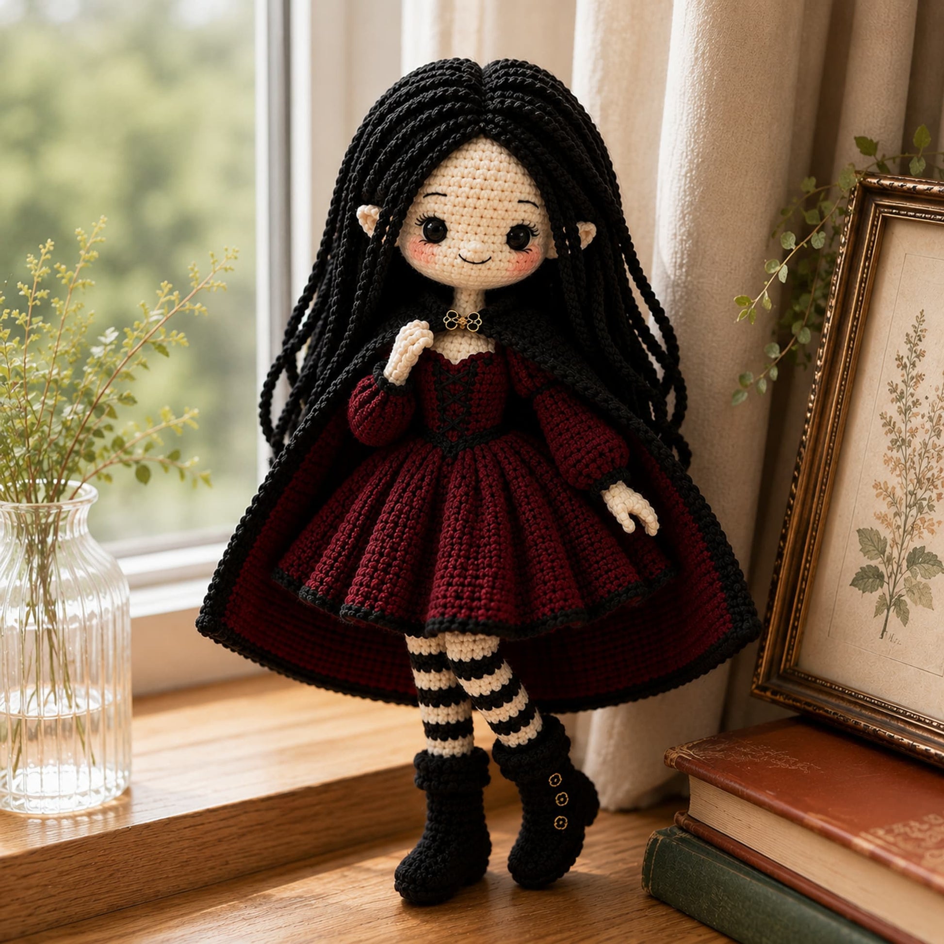 Handmade crochet vampire girl doll with long black hair, deep-red gown and striped stockings