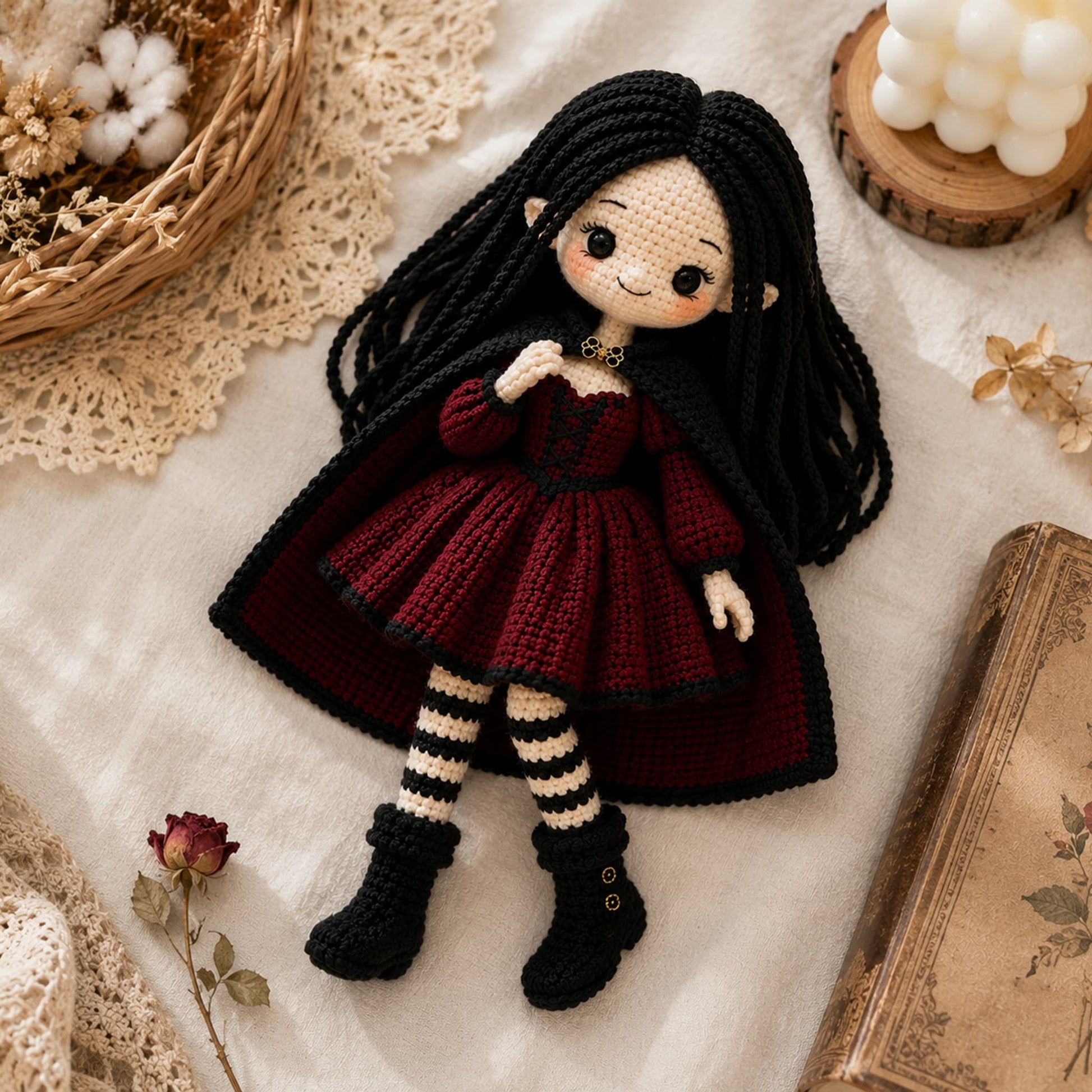 Flat lay of a handmade crochet vampire girl doll on linen with dried flowers and lace