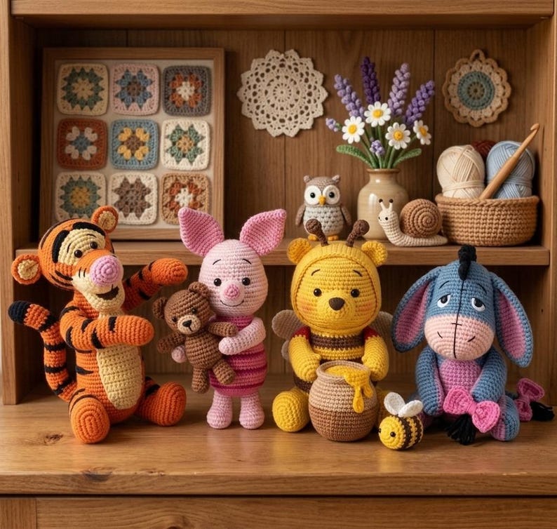 Handmade Crochet Winnie the Pooh & Friends Dolls — Custom Amigurumi Tigger, Eeyore & Piglet Plush, Baby Shower Gift