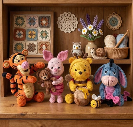 Handmade Crochet Winnie the Pooh & Friends Dolls — Custom Amigurumi Tigger, Eeyore & Piglet Plush, Baby Shower Gift