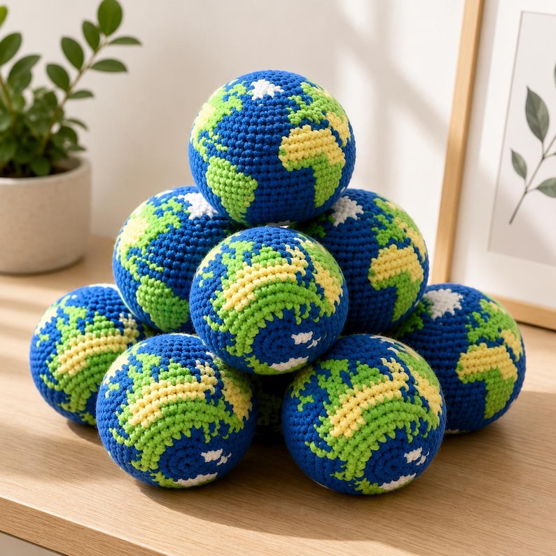 Handmade Crochet Earth Hacky Sack Footbag — Planet Earth Knit Kick Ball & Juggling Toy