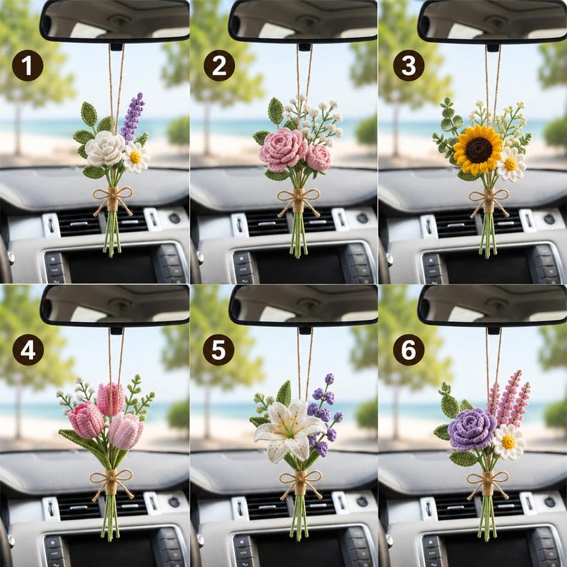 Handmade Crochet Flower Car Hanging — Daisy & Lavender Rear View Mirror Charm