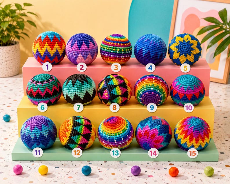 Handmade Crochet Boho Hacky Sack Footbag — Colorful Geometric Knit Kick Ball