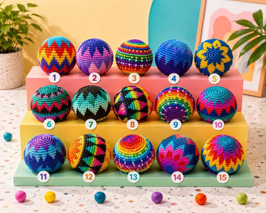Handmade Crochet Boho Hacky Sack Footbag — Colorful Geometric Knit Kick Ball