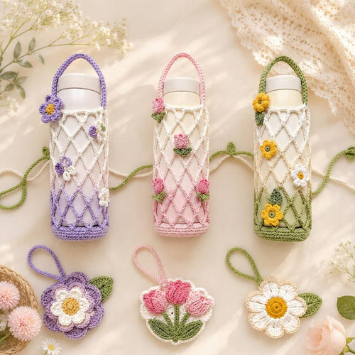 Handmade Crochet Floral & Fruit Mesh Bottle Bag — Foldable Bottle Carrier & Flower Keychain