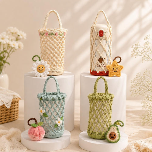 Handmade Crochet Floral Mesh Bottle Bag — Foldable Water Bottle Carrier & 3-in-1 Flower Keychain