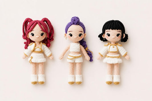Handmade Crochet Rumi, Mira & Zoey Plush Dolls — KPop Figure Amigurumi, Nursery Decor
