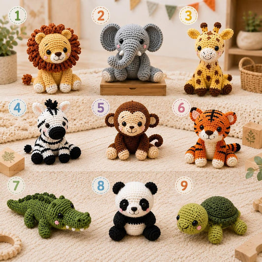 Handmade crochet safari animals amigurumi plush set for toddlers