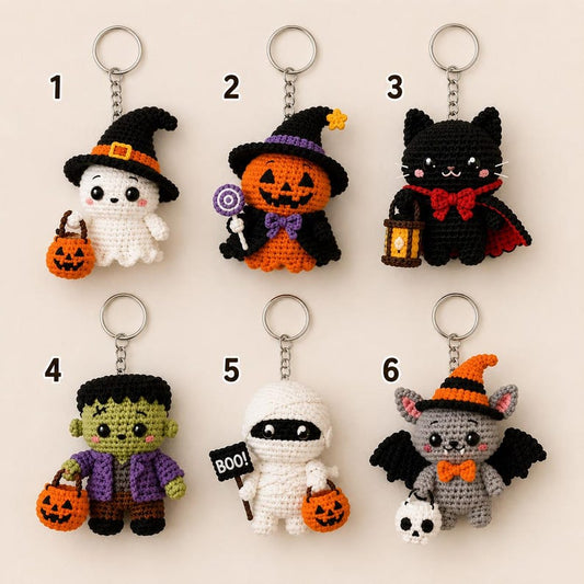 Handmade Crochet Halloween Bag Charm Set — Cute Boo Crew Backpack Charms, Gift for Friends