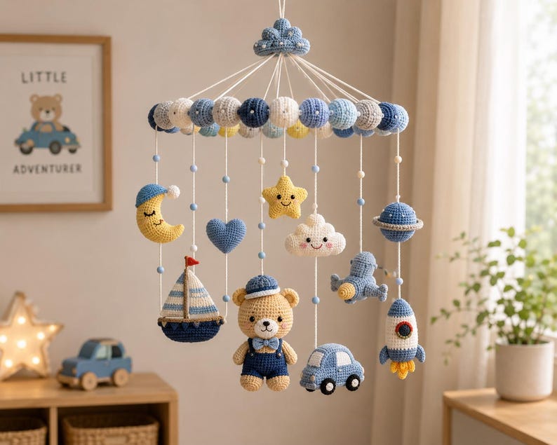 Handmade Crochet Baby Mobile — Amigurumi Crib Hanging Nursery Decor, Baby Shower Gift