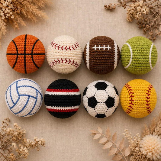 Handmade Crochet Sports Hacky Sack Set — Basketball, Baseball, Soccer & Football Footbags, Gift for Him
